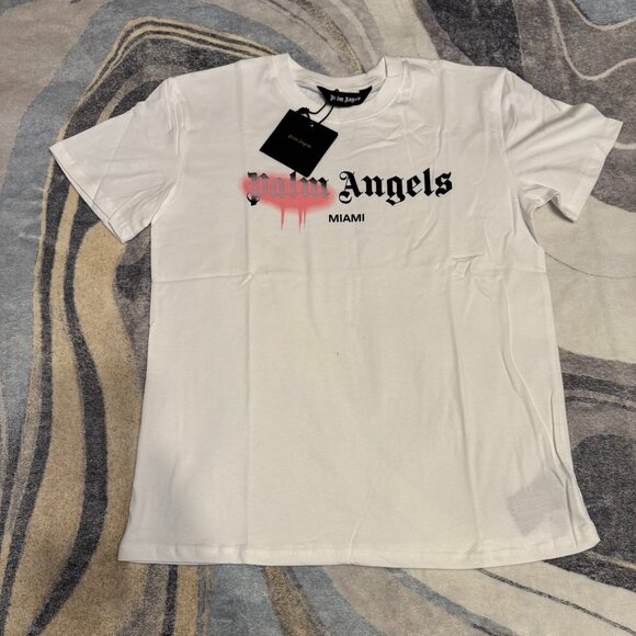 Palm Angels Pink Grafitti Drip Miami Logo White T-Shirt Size Medium orLarge